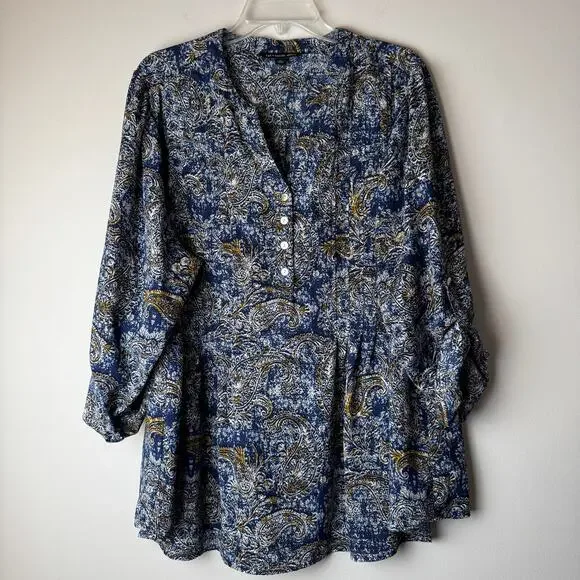 Zac and Rachel Woman Blue and Gold Paisley Blouse Roll Tab Sleeves 2X - Picture 2 of 7